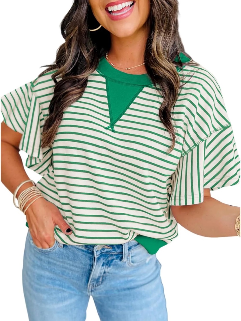 Striped Flutter Sleeve Top in Green and Cream - Women's Casual Tee